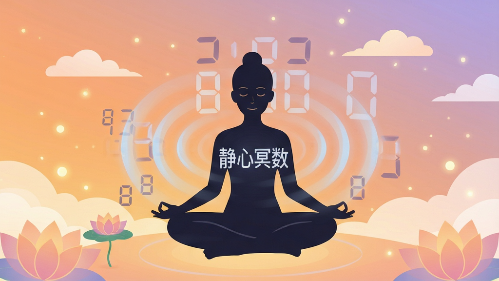 一幅宁静的冥想场景插画,主体是一位闭目盘坐的人物剪影,周围环绕着柔和的呼吸波纹与数字计数符号,布局中心突出人物,背景为渐变的暖橙色到淡紫色天空,风格为扁平化治愈系插画,细节包括飘浮的云朵、微光粒子与莲花图案,画面中带有“静心冥数”文字标识,画质清晰干净,无多余元素