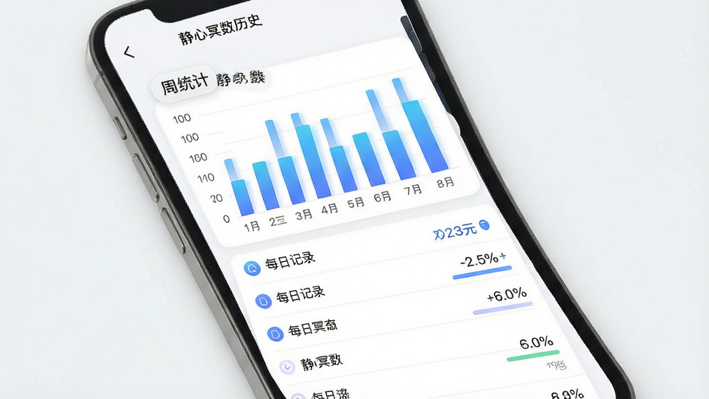 一张数据统计页面示意图,主体为手机屏幕显示呼吸计数历史图表,布局上方为周统计柱状图,下方为每日记录列表,风格为现代简约风,细节包括蓝色渐变柱条、日期标签和完成度百分比,画面中带有“静心冥数”文字,画质清晰干净,无多余元素