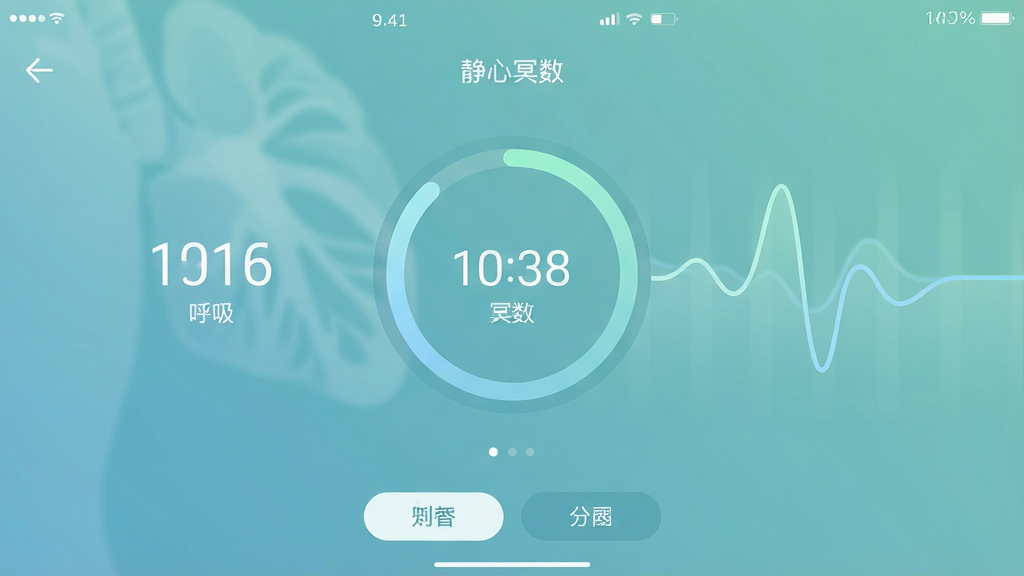 一款手机应用界面截图,主体为呼吸计数主页面,布局中央显示一个大圆形呼吸引导动画,周围有数字计数和波浪形呼吸曲线,风格为极简清新风,细节包括顶部状态栏、底部操作按钮和柔和的蓝绿色调,画面中带有“静心冥数”文字,画质高清干净,无多余元素
