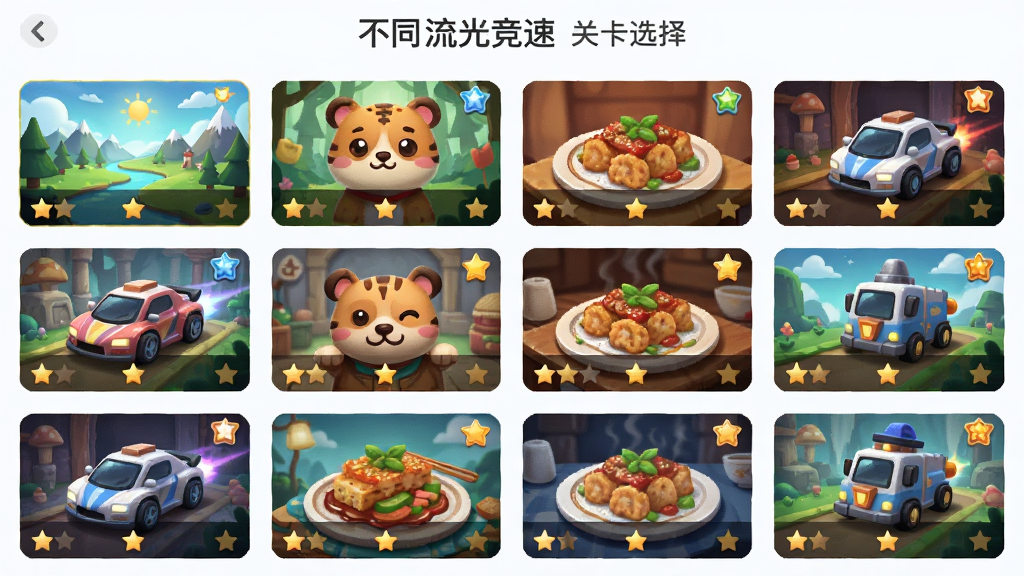 找不同流光竞速关卡选择界面,网格状排列着不同主题的关卡缩略图,包含风景、动物、美食等主题,每个缩略图带有星级标记,整体风格为清新明快,布局整齐,画质清晰干净,无多余元素