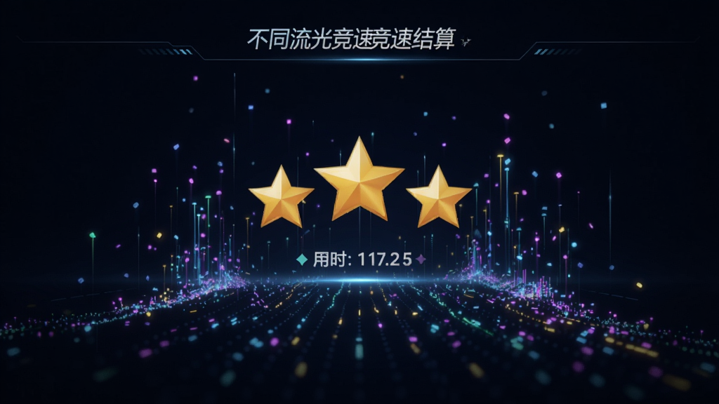 找不同流光竞速竞速结算界面,画面中央显示三星评级与用时数据,背景有流光粒子上升效果,整体风格为深色科技感,布局简洁,画质清晰干净,无多余元素