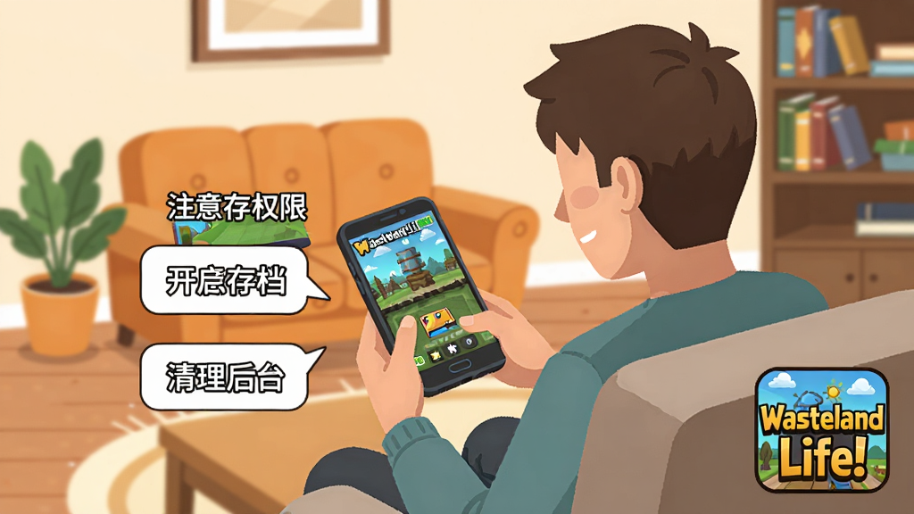 画面展示一位新手玩家坐在沙发上用手机玩Wasteland Life!,手机屏幕上显示游戏界面,旁边有提示气泡写着
