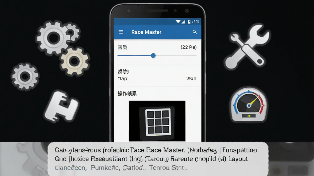 画面主体是一部安卓手机屏幕显示Race Master设置界面,旁边漂浮着齿轮、扳手与性能仪表图标;布局采用手机居中、图标环绕的构图方式;排版上手机下方有浅灰色说明文字区域;风格为简洁教程插图质感;细节包括设置选项中的画质滑块、帧率显示、操作布局预览;画质要求清晰干净,无多余装饰元素与文字水印。