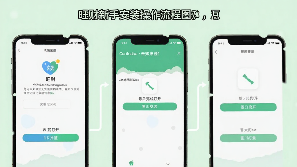 软件“旺财”新手安装操作流程图,画面以手机屏幕为载体,分步骤展示允许未知来源、点击安装、完成打开等操作界面,背景为浅绿色清新风格,布局从上到下依次排列,细节清晰,画质干净,无多余元素