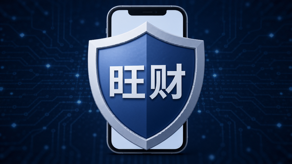 软件“旺财”安全隐私保护主题图,画面中央为盾牌图标与手机结合,盾牌上写有“旺财”字样,背景为深蓝色科技感纹理,风格稳重专业,布局居中对称,细节清晰,画质干净,无多余元素