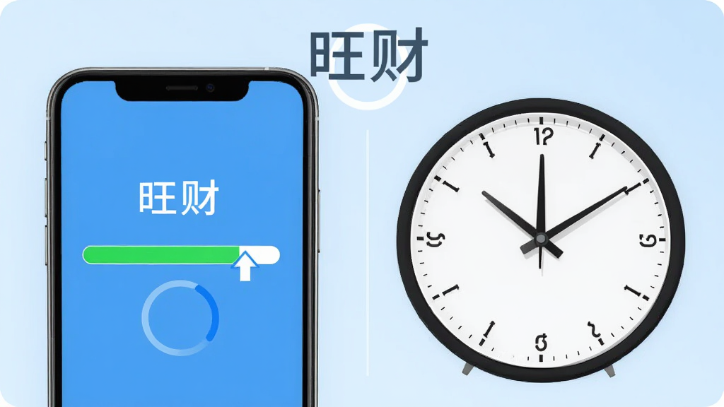 软件“旺财”启动速度概念图,画面左侧为手机屏幕显示加载进度条快速完成,右侧为时钟指针示意时间短暂,背景为淡蓝色渐变,风格简洁商务,画面中带有“旺财”文字标识,布局左右对称,细节清晰,画质干净,无多余元素
