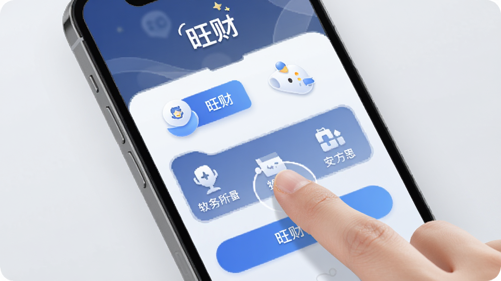 软件“旺财”功能操作界面示意图,画面展示手机屏幕内清晰的功能分区与操作按钮,手指正在点击其中一个功能图标,背景为柔和浅灰色,风格清新简约,画面中包含“旺财”字样,细节丰富,画质高清,无多余元素
