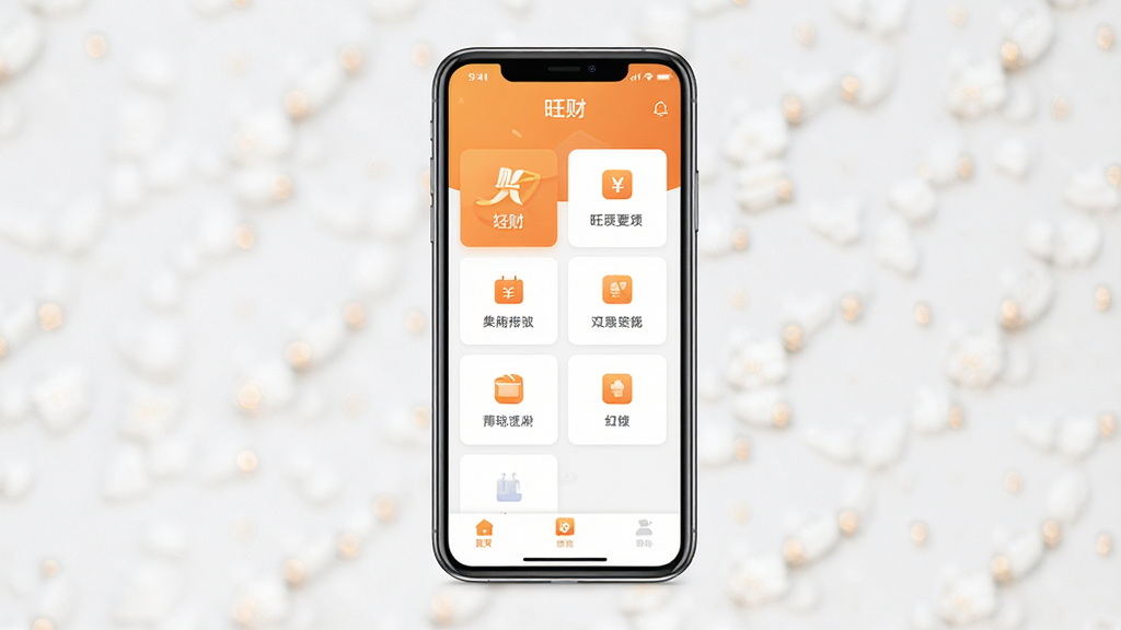 软件“旺财”主界面全貌展示,画面中央放置一部智能手机,屏幕内呈现简洁明快的应用首页布局,顶部为软件名称“旺财”,中部为功能卡片图标排列,底部为导航栏,整体采用暖橙与白色搭配,扁平化设计风格,界面干净整洁,细节清晰,画质高清,无多余元素