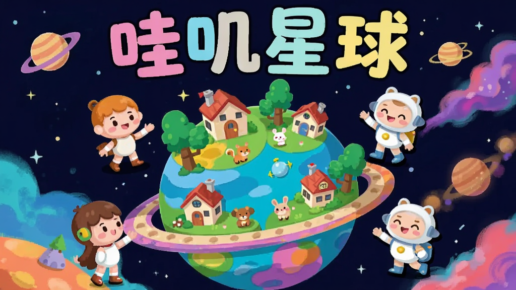 画面中央是一个色彩斑斓的卡通星球,星球表面有房屋、树木和小动物,周围环绕着几个可爱的虚拟角色正在互动,背景是深邃的星空和彩色星云,整体采用扁平化插画风格,细节丰富,画质清晰,干净明亮,无多余元素,图片上方有醒目的文字“哇叽星球”