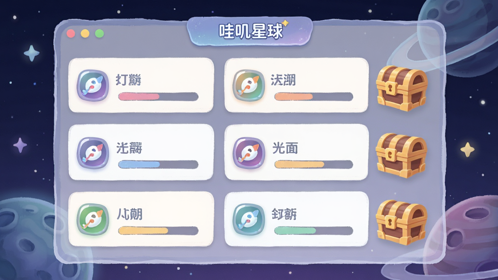 画面展示一个任务列表面板,上面有多个任务卡片,每张卡片带有图标和进度条,旁边有奖励宝箱,背景是星空和星球轮廓,风格简洁明快,色彩柔和,细节清晰,画质高清,面板上标注“哇叽星球”文字,干净无多余元素
