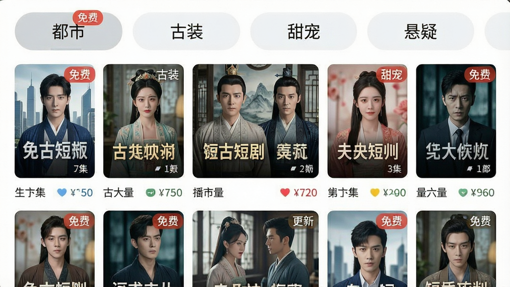一张展示免费短剧全好看APP内短剧分类页面的图片,画面中显示多个分类标签如“都市”“古装”“甜宠”“悬疑”,下方是整齐排列的短剧封面缩略图,每个封面带有剧名和集数标签,布局采用顶部横向滚动分类栏与下方瀑布流内容区结合,风格清新明亮,细节包括免费标签、更新提示、播放量数字,画质清晰,干净无杂乱元素。