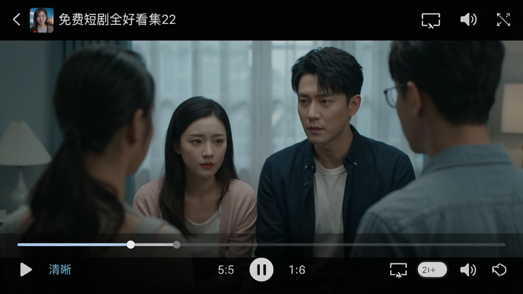 一张展示免费短剧全好看APP播放界面的图片,画面中央是正在播放的短剧画面,底部有进度条、播放暂停按钮、清晰度切换选项,顶部显示剧名和集数,布局采用全屏播放模式,风格简洁沉浸,细节包括弹幕开关、投屏图标、音量调节,画质高清,干净无多余元素。