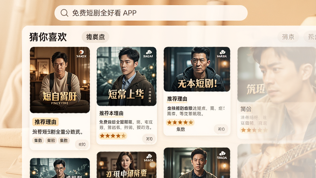 一张展示免费短剧全好看APP首页推荐流的图片,画面中显示“猜你喜欢”板块,下方是多个短剧卡片纵向排列,每个卡片包含封面、剧名、简介和标签,布局采用顶部搜索栏加下方信息流,风格温暖舒适,细节包括推荐理由标签、评分星星、集数提示,画质高清,干净整洁,无多余元素。