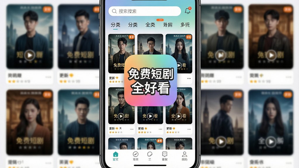 一张手机屏幕展示免费短剧全好看APP主界面的图片,画面中央是软件名称“免费短剧全好看”的醒目LOGO,背景是多个短剧封面海报整齐排列,布局采用上下结构,顶部为搜索栏和分类标签,中部为推荐短剧卡片网格,底部为导航栏,风格现代简约,细节包括播放按钮、更新角标、评分星级,画质高清,干净整洁,无多余元素。