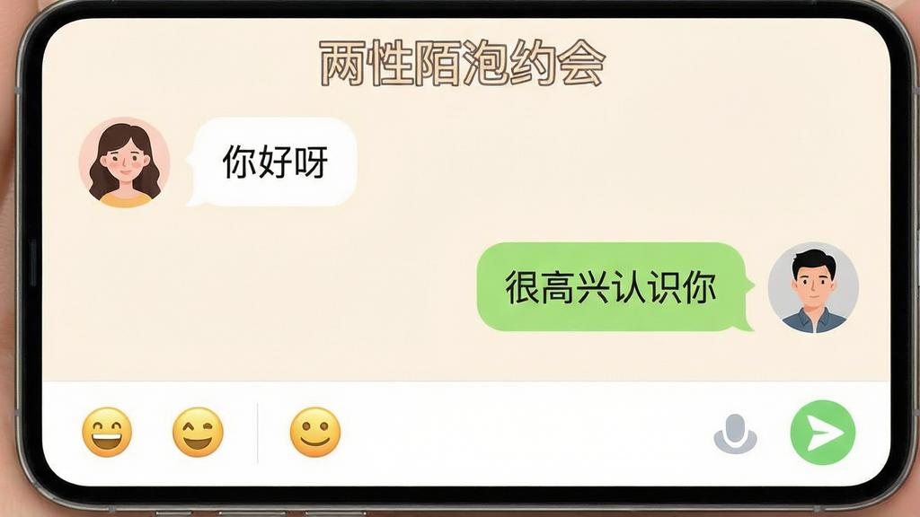 一张展示两性陌泡约会聊天界面的手机截图风格图,主体为聊天对话框,左侧女性头像气泡显示“你好呀”,右侧男性头像气泡显示“很高兴认识你”,布局简洁居中对齐,风格温暖柔和,细节包括表情按钮和发送图标,画质高清,干净无多余元素,图片中打文字“两性陌泡约会”