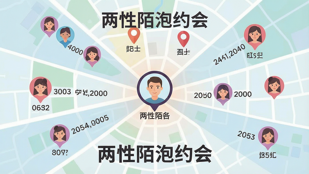 一张展示两性陌泡约会同城定位功能的示意图,主体为城市地图上散布多个女性用户头像标记,中心位置有一个男性用户头像标记,布局以地图为中心向外辐射,风格扁平化插画,细节包括距离数字标签和定位图标,画质清晰,干净无多余元素,图片中打文字“两性陌泡约会”
