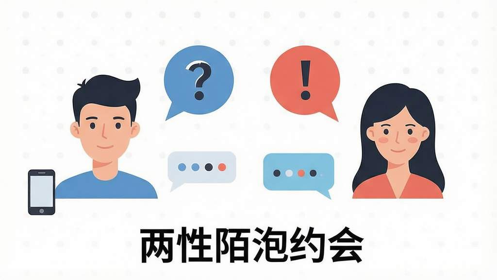 一张展示两性陌泡约会用户问答场景的插画,主体为两个人物头像对话框,左侧男性头像旁有问号气泡,右侧女性头像旁有感叹号气泡,布局左右对称,风格简洁扁平,细节包括手机图标和聊天气泡,画质清晰,干净无多余元素,图片中打文字“两性陌泡约会”