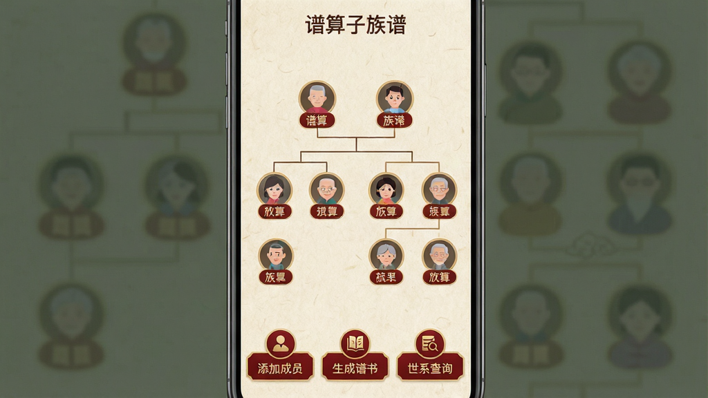 一张展示谱算子族谱手机应用界面的竖版手机屏幕截图,画面中央是清晰的家族树状图,节点由圆形头像和姓名标签组成,线条连接不同世代。界面底部有“添加成员”“生成谱书”“世系查询”三个功能按钮,按钮采用深红色与金色搭配。背景为浅米色纸张纹理,屏幕上方有“谱算子族谱”应用名称。整体风格为简洁传统中式扁平化设计,画质清晰,文字锐利,无多余装饰元素。