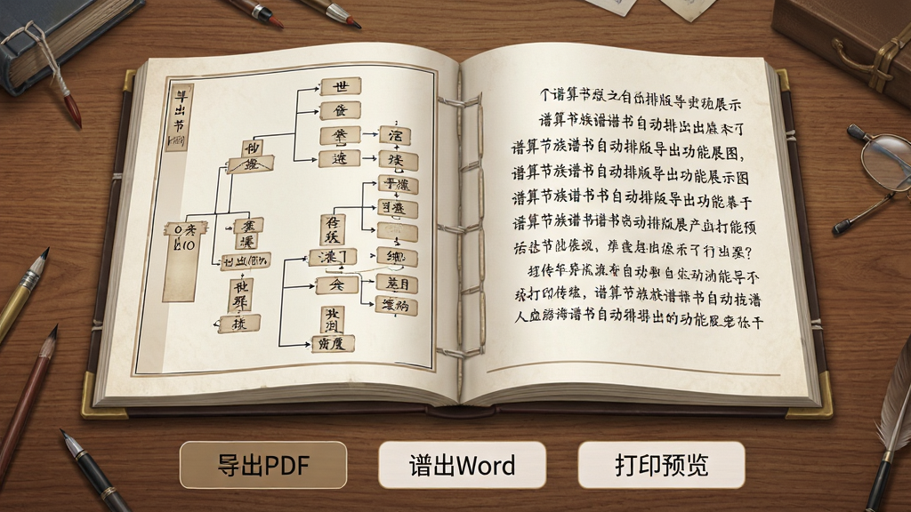谱算子族谱谱书自动排版导出功能展示图,画面为一本翻开的虚拟线装书,左侧页面显示竖排世系图,右侧页面显示行传文字。书页下方有一排导出按钮,标注“导出PDF”“导出Word”“打印预览”。背景为木质书桌纹理,整体风格为古典与现代结合,画质细腻,文字清晰可辨,无多余水印。