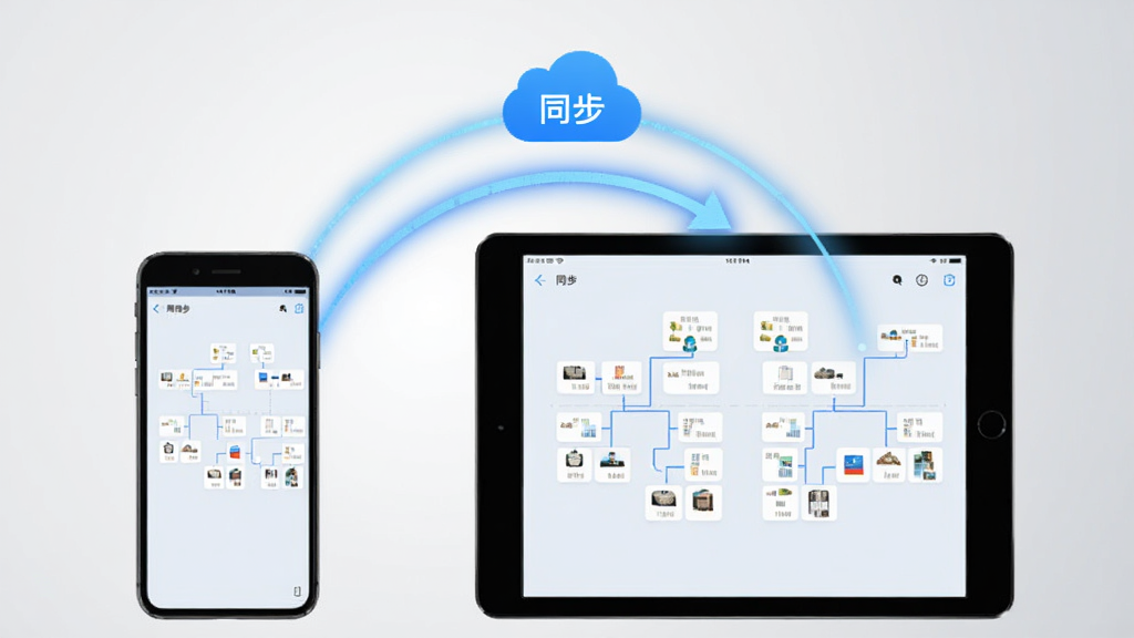谱算子族谱多设备同步功能概念图,画面中央是一部手机和一台平板电脑并排摆放,两者屏幕上都显示相同的家族树界面,中间用一条发光的蓝色弧线连接,弧线上方有云朵图标和“同步”字样。背景为浅灰色渐变,整体风格为科技简洁风,画质干净,无多余元素。