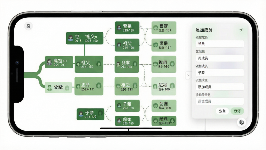 谱算子族谱家族树可视化编辑功能展示图,画面主体为一棵横向展开的家族树,从左到右依次排列高祖、曾祖、祖父、父辈、子辈五个世代,每个世代用不同深浅的绿色底色区分。节点内显示姓名与生卒年份,配偶节点用虚线相连。界面右侧悬浮一个半透明编辑面板,显示“添加成员”表单。整体布局为手机横屏视图,风格为清爽的扁平化信息图,画质干净,文字清晰无乱码。