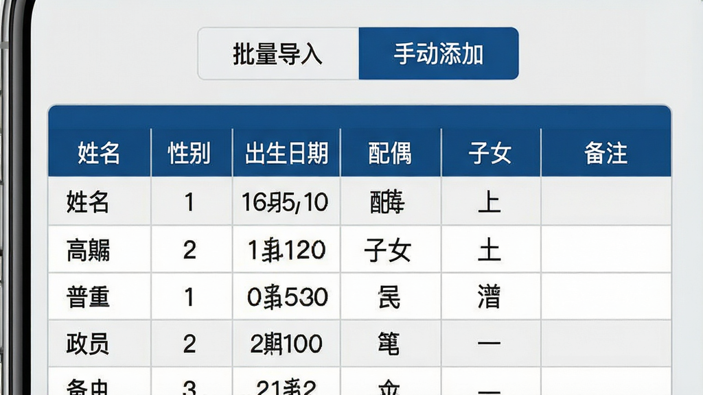 谱算子族谱成员信息录入界面示意图,手机屏幕显示一张成员信息登记表,表格行包含“姓名”“性别”“出生日期”“配偶”“子女”“备注”等列,已填写若干示例数据。表格上方有“批量导入”和“手动添加”两个标签页按钮。界面配色为浅灰底配深蓝表头,文字为黑色,整体风格为商务简洁风,画质清晰,无杂乱图标。