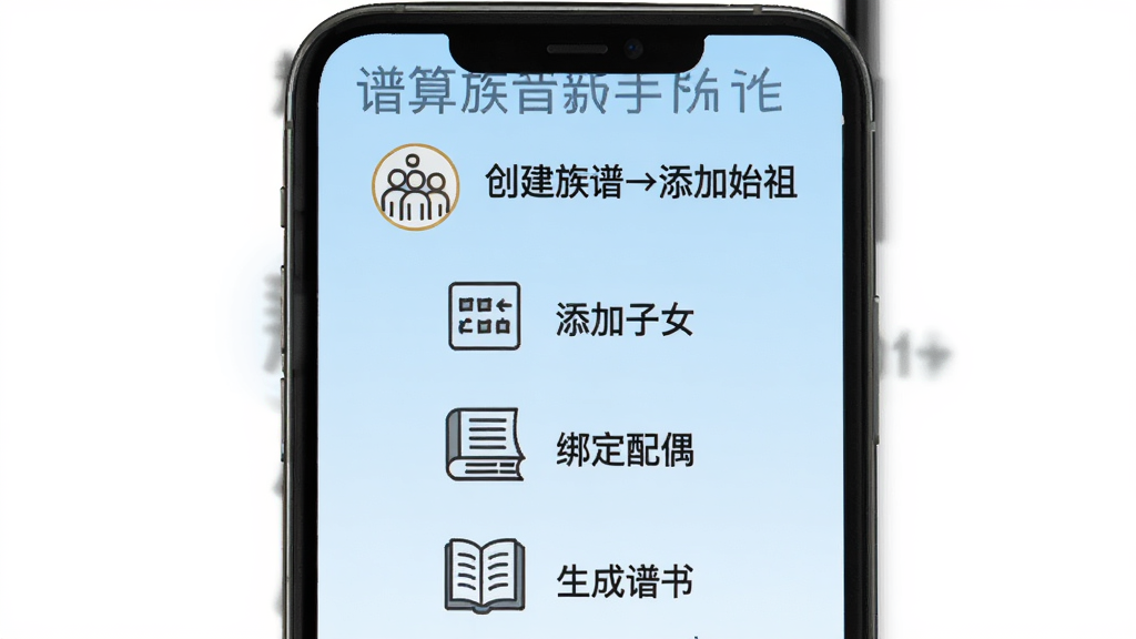 谱算子族谱新手操作流程图,画面以手机屏幕为载体,从上到下依次展示“创建族谱→添加始祖→添加子女→绑定配偶→生成谱书”五个步骤,每个步骤配一个简笔图标和简短文字说明。背景为浅蓝色渐变,整体风格为扁平化教学图示,画质清晰,文字无乱码,无多余装饰。