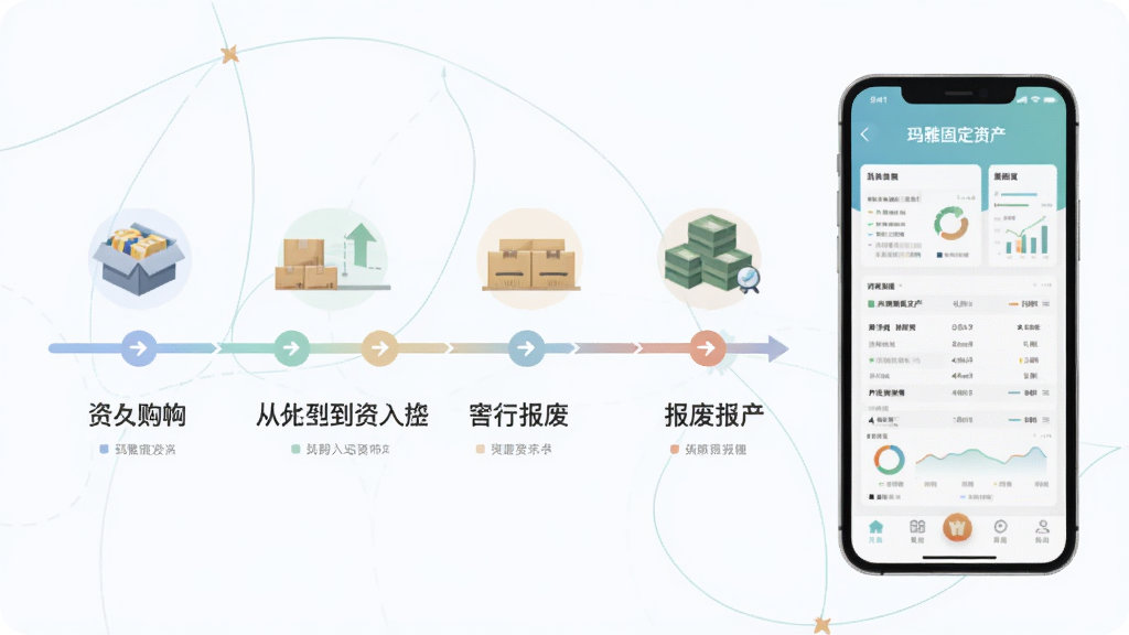 画面以时间轴形式展示资产从购入到报废的完整流程,每个节点配有图标和简短文字说明,画面一角放置手机展示