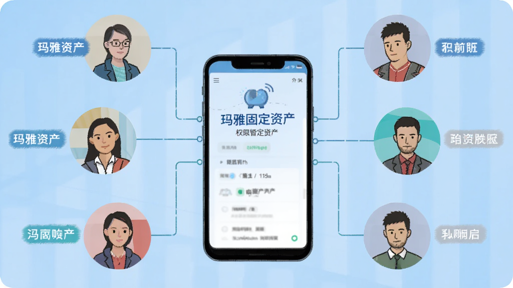 画面展示多个用户头像通过线条连接到中央的手机,手机屏幕显示