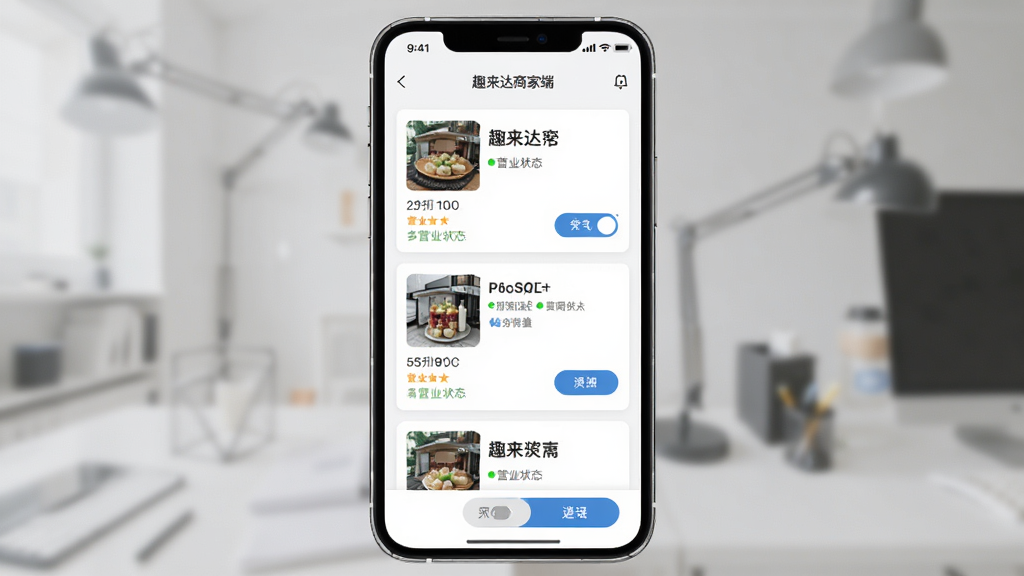 趣来达商家端多店铺管理界面展示,主体为手机屏幕显示多个店铺卡片,布局为纵向列表排列,风格简约商务,细节包括店铺名称、营业状态标识和切换按钮,画质高清干净