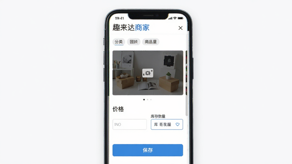 趣来达商家端商品上架界面展示,主体为手机屏幕显示商品编辑页面,布局包含图片上传区域、价格输入框和库存数量调整按钮,风格为现代电商后台设计,细节有分类标签和保存按钮,画质高清干净