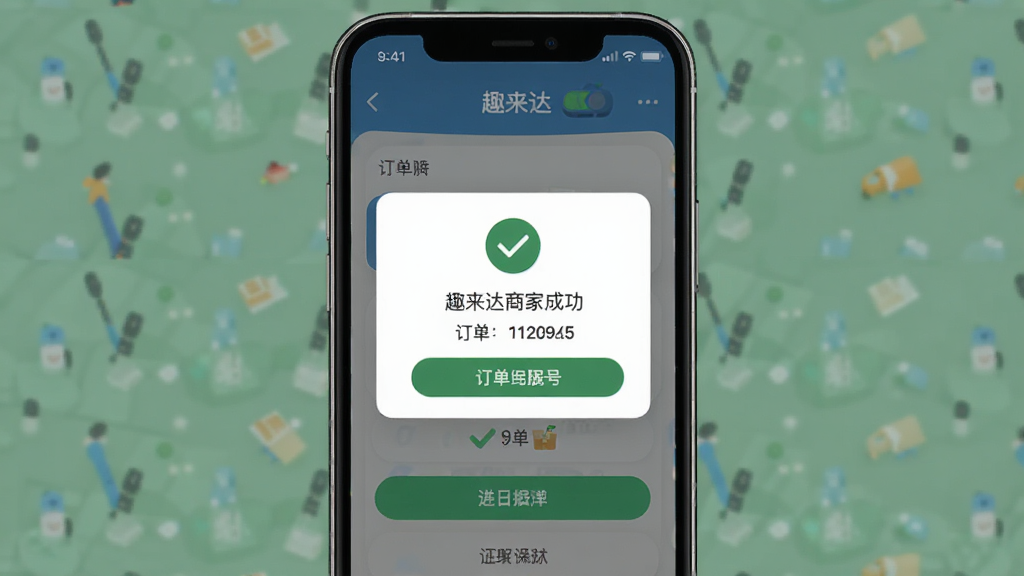 趣来达商家端移动端操作界面展示,主体为手机屏幕显示接单成功动画,布局为居中弹窗提示,风格为扁平化设计,细节包含绿色对勾图标和订单编号,画质高清干净无多余元素
