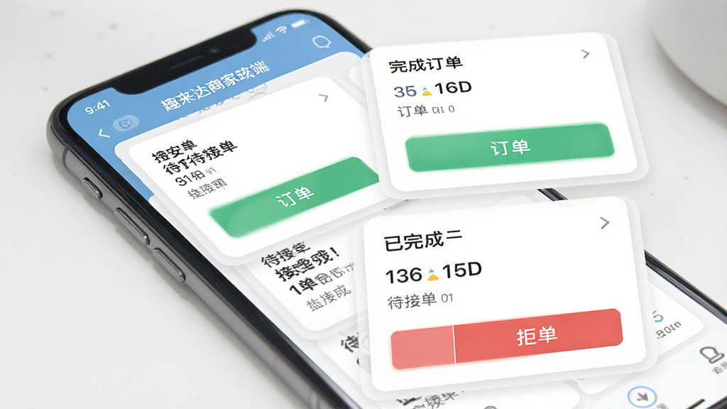 趣来达商家端订单管理功能界面展示,主体为手机屏幕显示订单列表,布局上下排列待接单与已完成订单卡片,风格清新简洁,细节包括绿色接单按钮和红色拒单按钮,画质高清干净