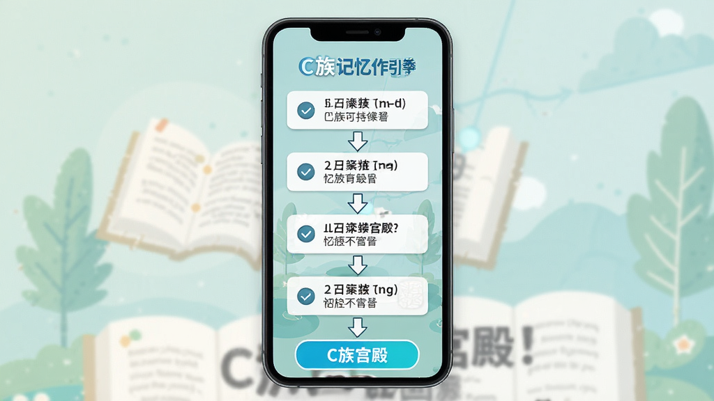 一张展示C族记忆宫殿新手引导界面的预览图,主体为手机屏幕居中,屏幕内显示分步操作提示与箭头指引,布局为纵向步骤条,排版清晰易懂,风格为扁平化插画风,细节包含高亮按钮、文字说明框、柔和背景,画质高清,干净,无多余元素
