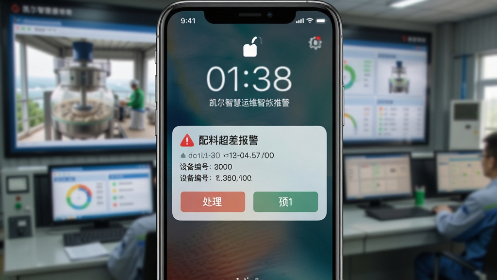 一张凯尔智慧运维智能报警推送界面图,画面主体为手机锁屏界面弹出报警通知卡片,卡片内显示红色警示图标与文字
