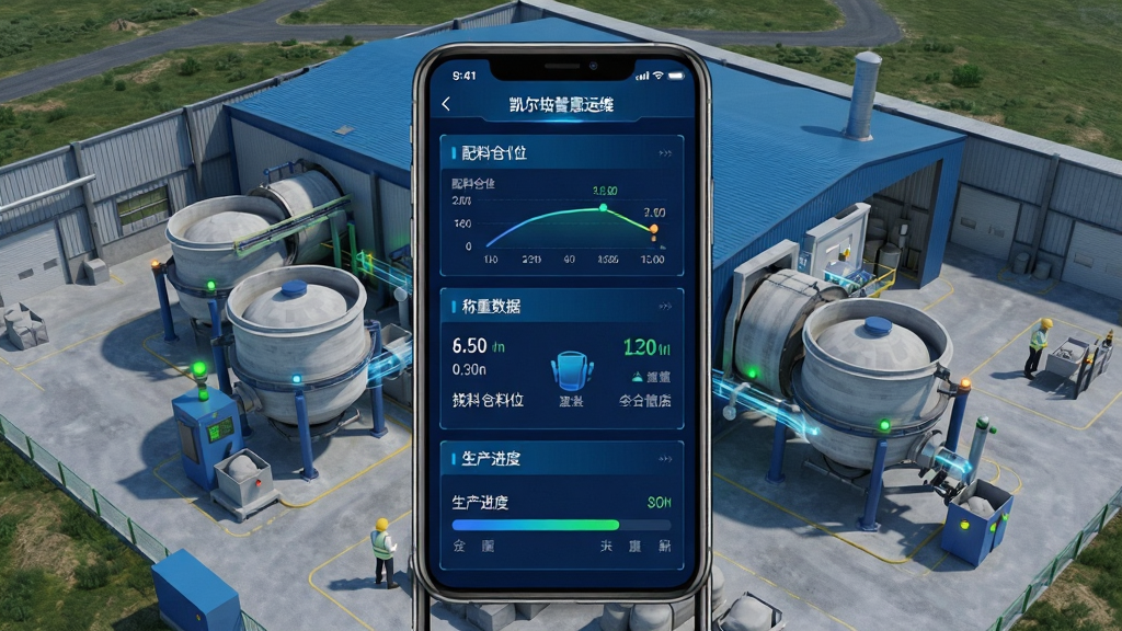 一张展示凯尔智慧运维手机应用主界面的效果图,画面中央是一部竖屏智能手机,屏幕内显示搅拌站生产监控仪表盘,包含配料仓料位、称重数据、生产进度条等模块,界面以深蓝色和科技蓝为主色调,手机背景为现代化搅拌站俯瞰场景,布局居中对称,风格为写实科技风,细节包括数据流动光效、设备状态指示灯,画质清晰,干净,无多余元素
