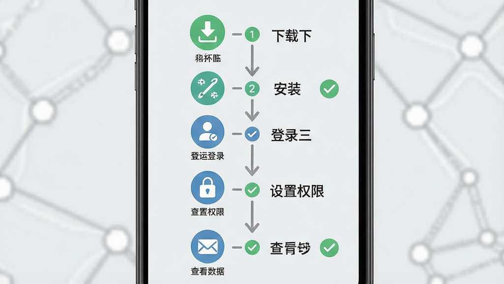 一张凯尔智慧运维手机端操作指引图,画面为手机屏幕显示分步操作流程图,包含下载、安装、登录、设置权限、查看数据五个步骤图标,每个步骤配有简短文字说明,背景为浅灰色,布局为垂直时间轴式,风格为扁平化教程风,细节包括步骤编号、箭头引导、完成打勾标记,画质清晰,干净,无多余元素