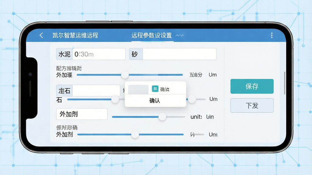 一张凯尔智慧运维远程参数设置界面图,画面展示手机屏幕内配方参数编辑页面,包含水泥、砂、石、水、外加剂等原料配比输入框与滑块控件,右侧有保存与下发按钮,背景为淡蓝色科技网格,布局为手机居中,风格为扁平化商务风,细节包括参数数值、单位标签、确认弹窗,画质清晰,干净,无多余元素