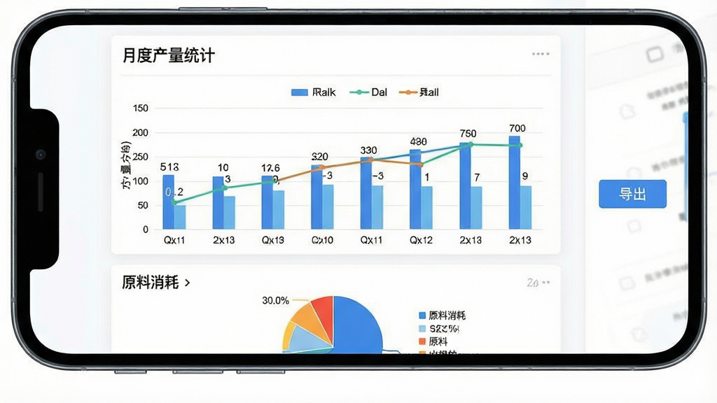 一张凯尔智慧运维数据报表统计功能展示图,画面为手机横屏显示柱状图与折线图组合报表,图表标题为