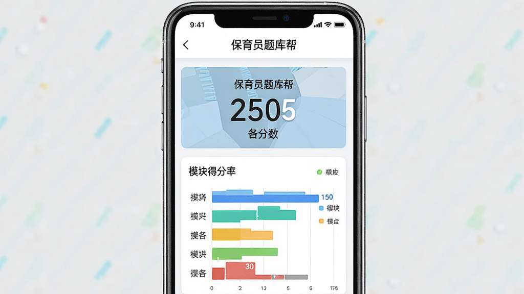 主体为保育员题库帮APP模拟考试成绩报告页面,布局为手机屏幕居中展示,排版为上下结构上方显示分数下方显示各模块得分率图表,风格为现代简约数据可视化风格,细节包含屏幕顶部