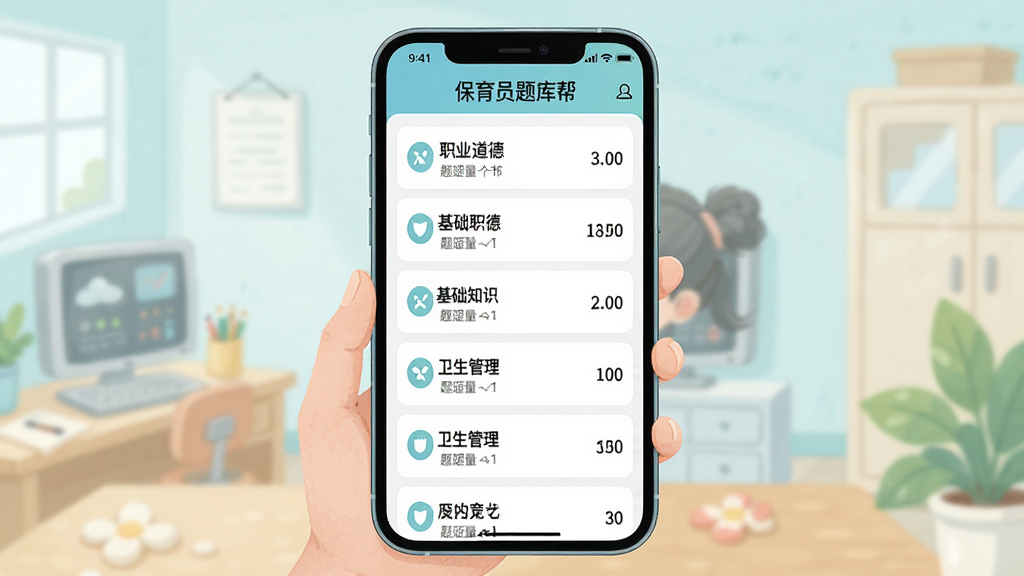 主体为保育员题库帮APP题库分类页面截图风格插画,布局为手机屏幕展示多个章节列表,排版为纵向滚动列表式,风格为明亮清爽的UI界面展示,细节包含屏幕顶部