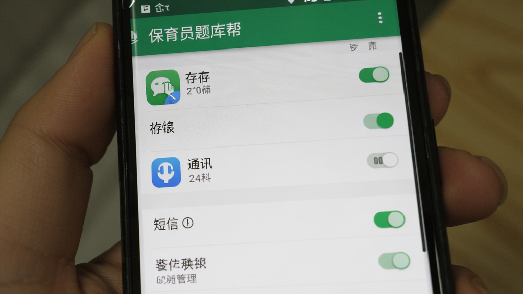 主体为保育员题库帮APP在安卓手机上的安装权限设置界面,布局为手机屏幕展示权限管理列表,排版为纵向列表式,风格为系统设置界面写实风格,细节包含屏幕顶部