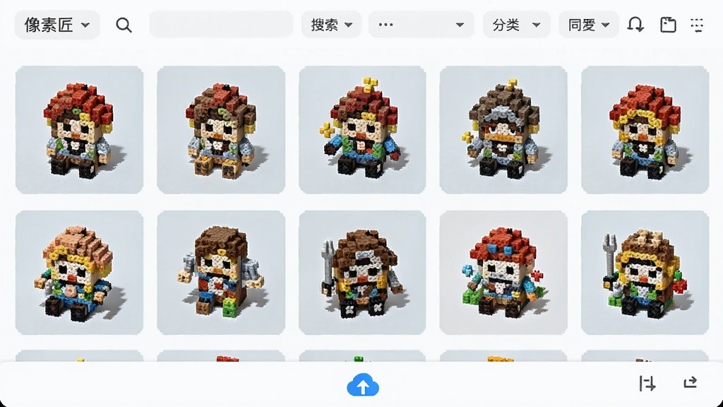 像素匠软件作品管理界面展示图,画面中显示多个拼豆作品缩略图以网格形式排列,顶部有搜索与分类按钮,底部有云同步图标,整体采用浅色背景,风格简洁清新,画质清晰干净,无多余元素,图片中带有文字