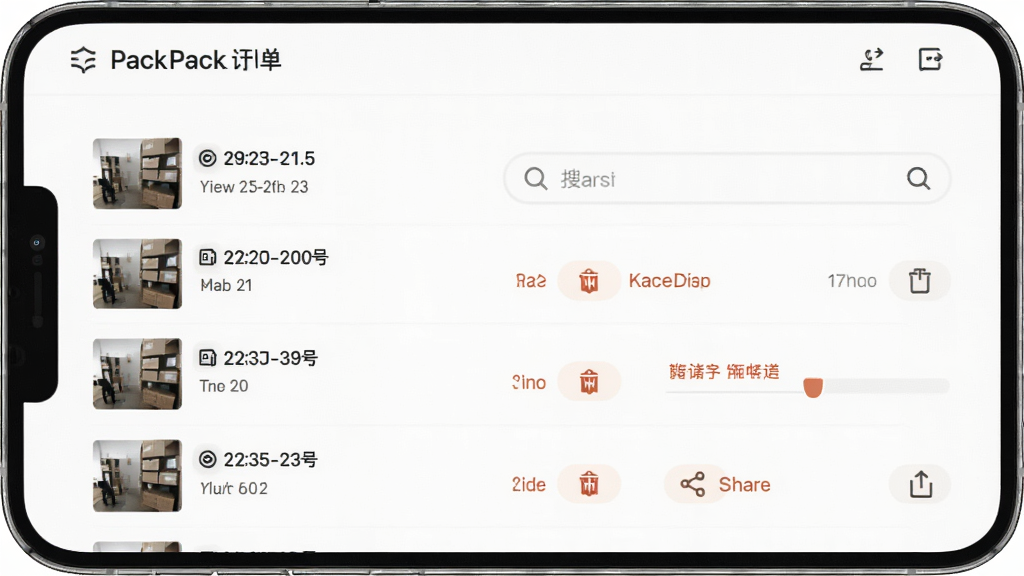 PutPack发货录像本地存储管理界面,手机屏幕显示录像文件列表,按日期和订单号排列,带有搜索框和存储空间使用进度条,背景为浅色简约风格,布局为竖屏列表式,细节包含文件缩略图、大小标注、删除和分享按钮,画质高清干净,无多余元素