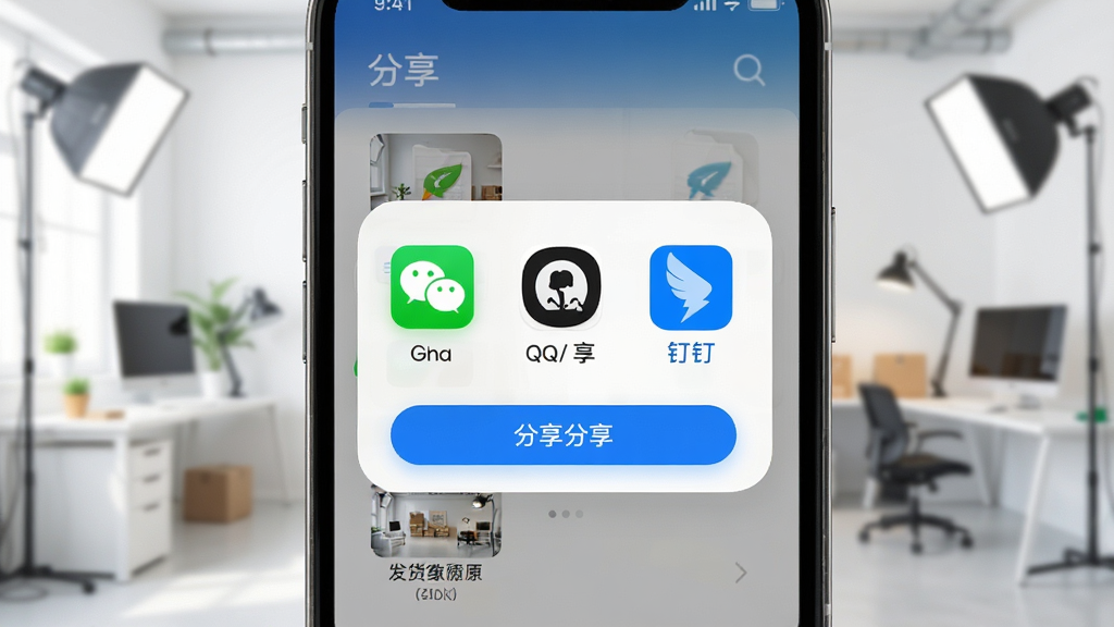 PutPack发货录像分享功能示意图,手机屏幕显示录像文件分享菜单,弹出微信、QQ、钉钉等分享图标,背景为明亮的工作室环境,布局为手机界面特写,风格为现代UI设计,细节包含分享按钮高亮、文件缩略图清晰,画质高清干净,无多余元素