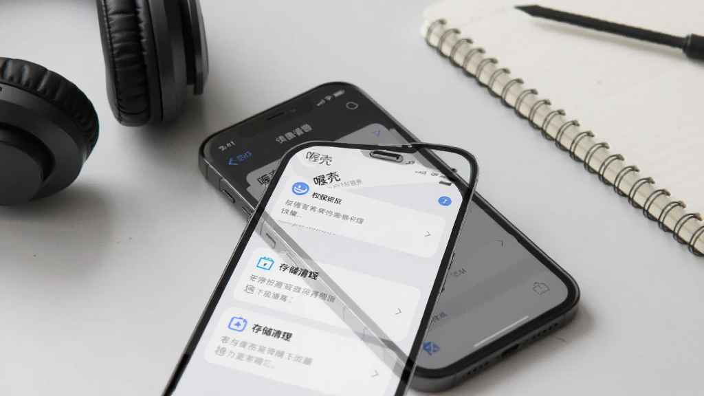 一张展示“喔壳”应用设置界面的手机样机图,画面中手机屏幕显示权限管理列表与存储清理选项,背景为浅灰色办公桌面,旁边放着一副耳机与笔记本,风格为生活化产品摄影,光线柔和,画质清晰,无杂乱物品