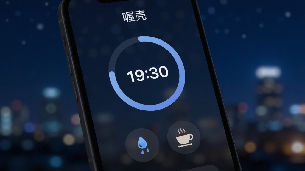 一张“喔壳”专注模式界面的手机展示图,画面中手机屏幕显示一个圆形倒计时进度条,下方有雨滴与咖啡杯的图标选项,背景为深蓝色夜空与模糊的城市灯光,风格为沉浸式暗色UI,细节柔和,画质细腻,无多余文字