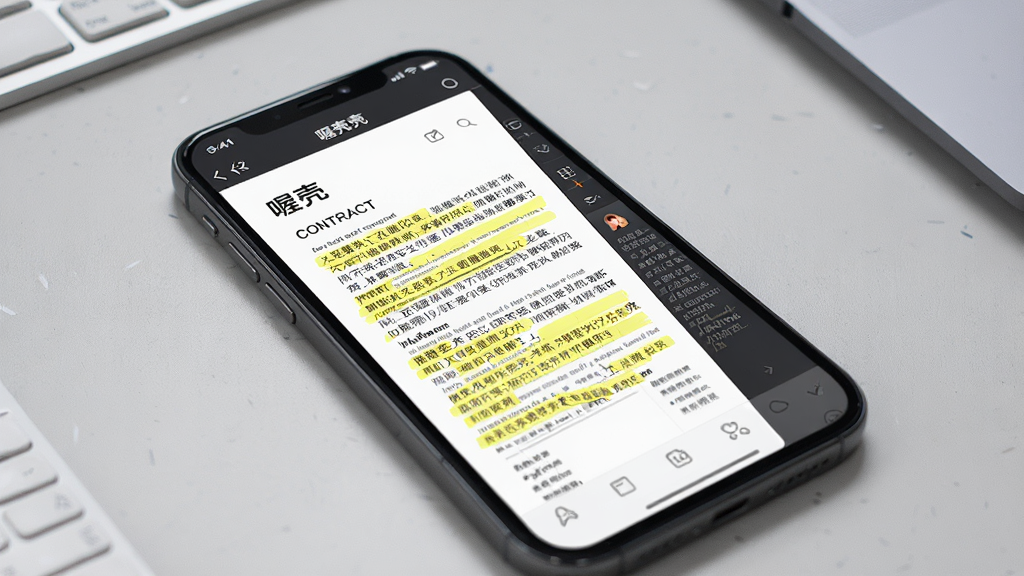 一张“喔壳”文档预览界面的手机截图风格图,画面中手机屏幕显示一份合同文档,部分文字被黄色高亮,右侧有细长的批注侧边栏,背景为浅灰色工作台面,风格为写实UI展示,细节丰富,画质锐利,无干扰元素