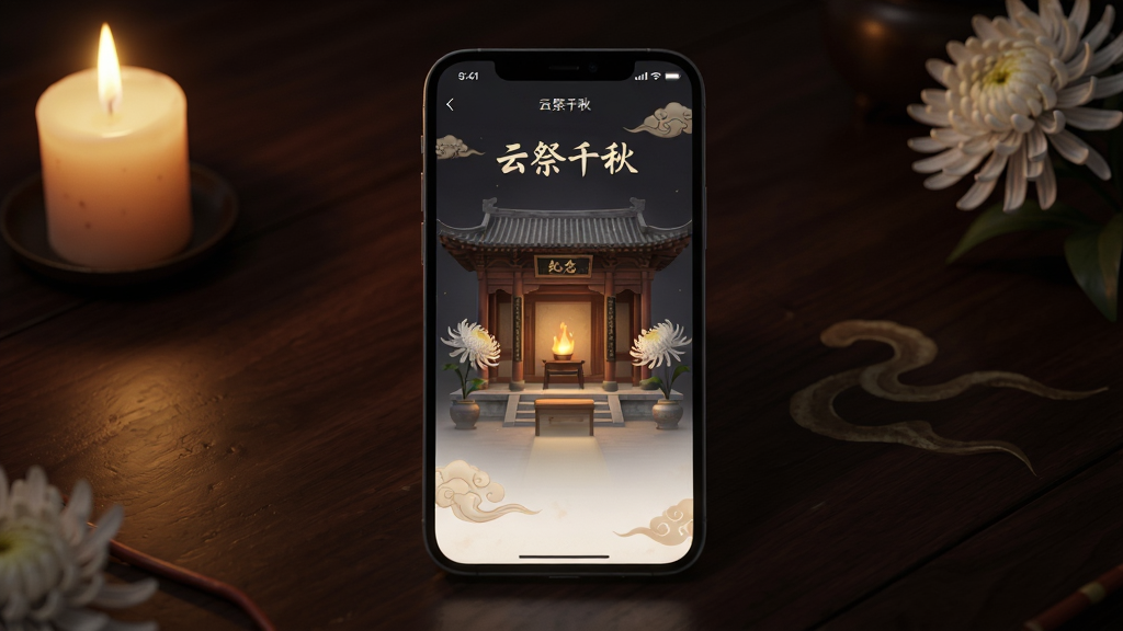 主体为一部智能手机,屏幕上显示“云祭千秋”应用界面,界面中有素雅的纪念堂与白色菊花装饰,布局为手机居中放置于深色木质桌面,排版简洁大方,风格为庄重肃穆的国风数字艺术,细节包括柔和的烛光、淡雅的祥云纹样、屏幕微光映照,画质高清,干净,无多余元素