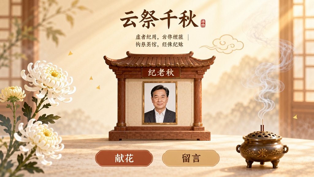 主体为“云祭千秋”应用中的虚拟纪念馆界面,布局为居中展示一座带有姓名与照片的纪念堂,排版为上下结构,上方为逝者信息,下方为献花与留言按钮,风格为温暖素雅的国风插画,细节包括白色菊花、香炉青烟、柔光背景,画质高清,干净,无多余元素